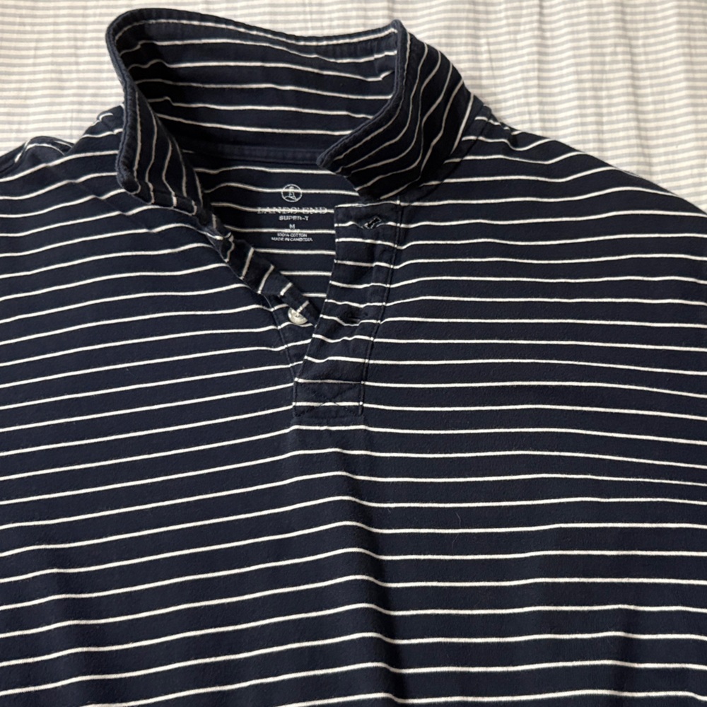 Lands' End Navy and White Striped Polo Shirt